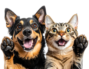 Playful Dog and Cat Popping Into Frame from Below, Looking Up with Joyful Faces, Isolated PNG”