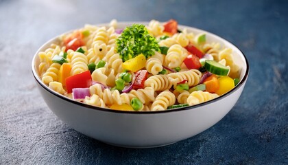 creamy macaroni salad with colorful vegetables in white bowl perfect for summer picnics and gatherings this dish is refreshing and flavorful ideal for any occasion