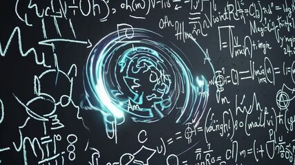 Hand drawn physics formula background animation, electric and electronic basic formulas flying through 3D space from a blackboard - Powered by Adobe