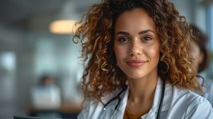 Fototapeta premium A young female doctor explaining a diagnosis to a patient in a clinical or hospital setting. Captures professionalism, empathy, and trust—ideal for themes of healthcare, medical communication, and pat