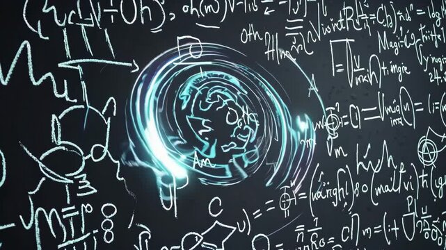 Hand drawn physics formula background animation, electric and electronic basic formulas flying through 3D space from a blackboard - Powered by Adobe