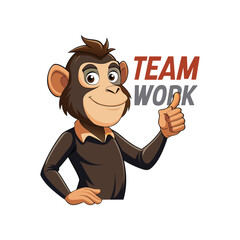 Motivational Monkey Vector. Cartoon Monkey Pointing at Teamwork Poster. Inspiring Office Wall Art. Business Concept Design for Collaboration and Team Success.