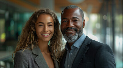 Two business professionals standing confidently in an office with soft lighting and neutral tones, both facing the camera with relaxed expressions