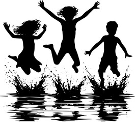 Children jumping into water and splashing on a sunny day  