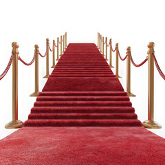 Fototapeta premium Red carpet on stairs with golden stanchions isolated on transparent background
