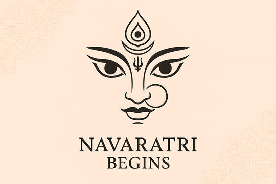 Minimal Navaratri celebration banner with elegant illustration of Goddess Durga&rsquo;s face on beige background