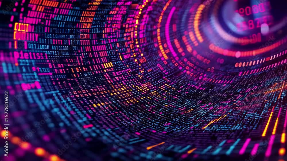 Poster computer code abstraction creating digital data torus with vibrant colors and seamless design, digit