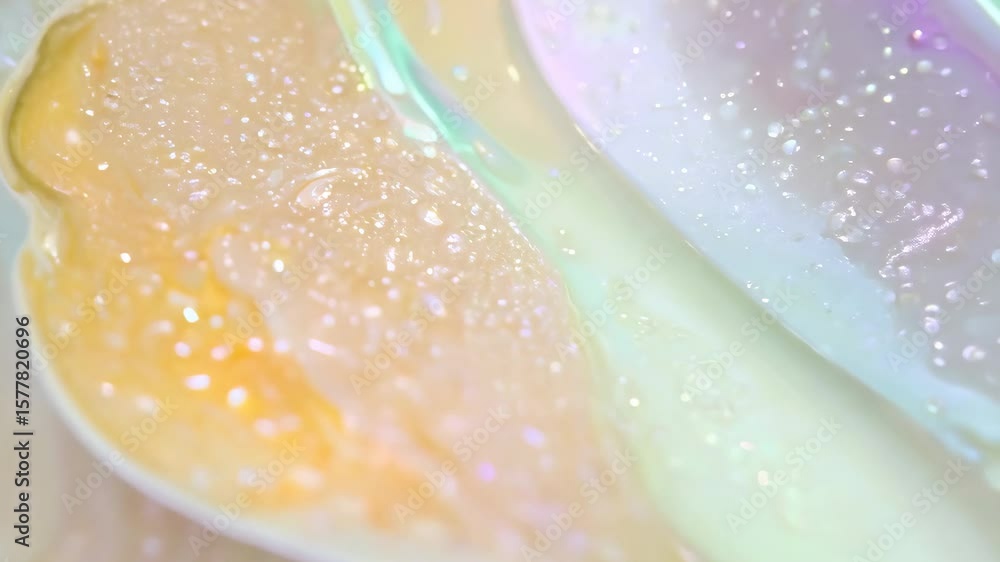 Aufkleber macro of colorful liquid layers mixing with shimmer and bubble textures - artistic video background 