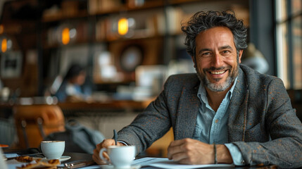 Male real estate or insurance advisor smiling while consulting a diverse couple, warm atmosphere and candid conversation in a relaxed office space