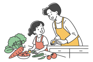 Mother and daughter preparing vegetables together in the kitchen with a variety of fresh produce