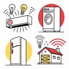 Illustration of smart home devices including lights, air conditioner, washer, fridge and house