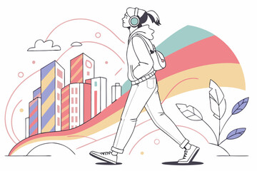 Person wearing headphones walking in a city with buildings and rainbow in the background illustration