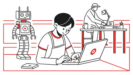 Illustration of a boy using a laptop with a robot and a person working at a desk in the background