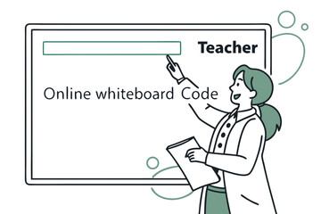 Illustration of a teacher presenting online whiteboard code with a pointer and document in hand for education