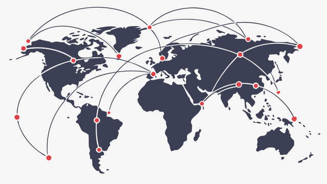 World map with connecting lines and red dots representing global network connections across continents