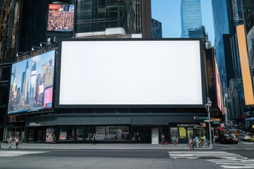 Clean billboard mockup with white screen on building front wall in Times Square, New York City, blank display for showcasing realistic urban advertisement or business branding