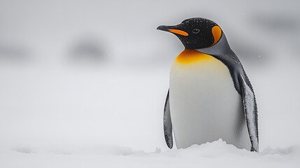Fototapeta premium A solitary emperor penguin standing on a snowy landscape with a soft, blurred background