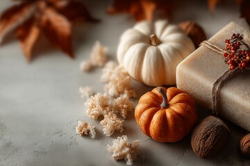 Autumn decor featuring mini pumpkins, soap, nuts, and dried foliage on a textured surface, background with copy space
