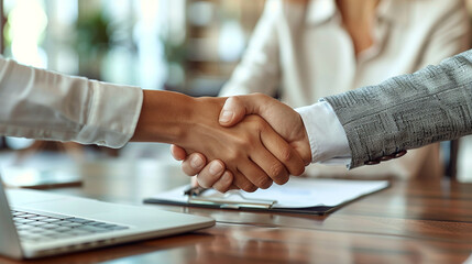 Business professionals shaking hands across a modern conference table, formal attire and confident posture highlighting successful negotiation, clean layout and lighting suitable for corporate use