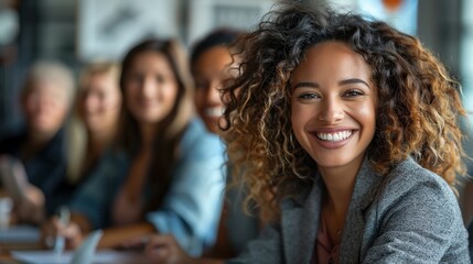 A confident and diverse business team smiling during a professional meeting or conference. Captures teamwork, collaboration, and a positive work atmosphere. Ideal for corporate and leadership