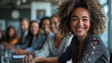 A confident and diverse business team smiling during a professional meeting or conference. Captures teamwork, collaboration, and a positive work atmosphere. Ideal for corporate and leadership
