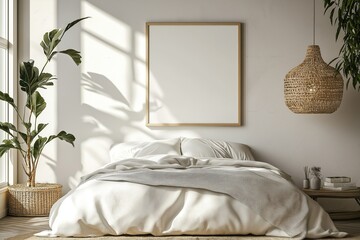 bright and minimalist bedroom with a large plant, a bed with white bedding, and a blank framed picture over the bed