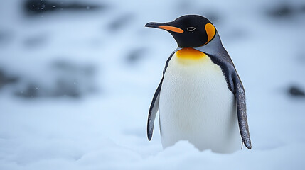 Fototapeta premium Majestic emperor penguin standing on snow-covered landscape with soft snowfall in the background