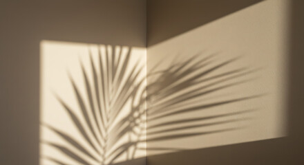 Sunlight casts a palm leaf shadow on a light beige wall.