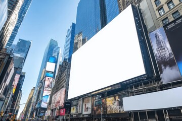 Clean white billboard on building front in Times Square road, blank mockup in New York City urban setting, large outdoor display with empty screen for realistic advertising design