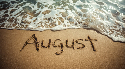 The word August is etched into the wet sand on a beach A soft wave with white foam is rolling in about to wash over the lettering