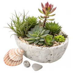 Assortment of succulent plants in a stone pot with seashell and stones isolated on transparent background