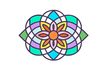 Fototapeta premium Colorful geometric flower mandala design with purple outlines on black background