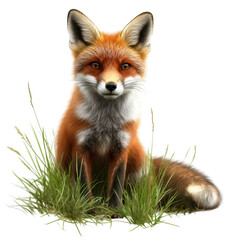 cute red fox in the grass, cute red fox sitting in lush green grass, isolated on transparent background
