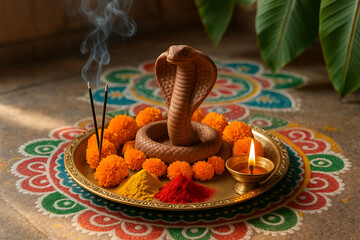 Sacred Nag Panchami ritual setup with cobra idol, marigolds, incense, and colorful rangoli