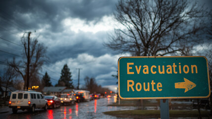 Blue Emergency Evacuation Sign by Roadway