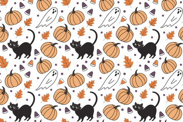 Seamless Halloween Pattern with Black Cats, Pumpkins, Ghosts, Autumn Leaves, and Candy Corn, Cute Hand Drawn Vector Background for Fall Decor