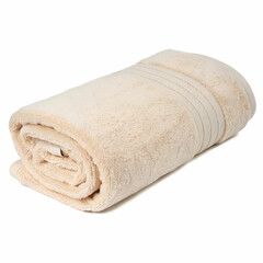 A soft, neatly rolled bath towel presented on a clean white background.