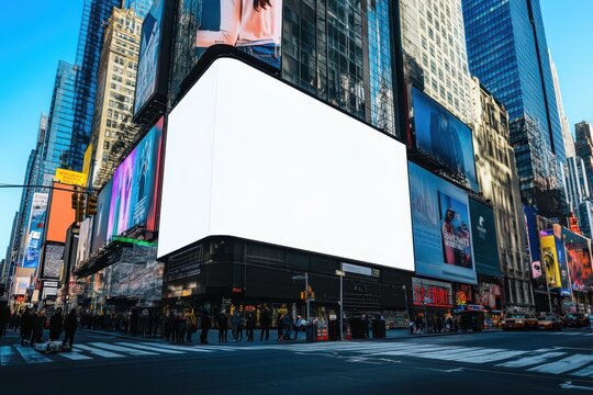 Empty billboard mockup with clean white screen on Times Square New York building front wall, blank display for ad template