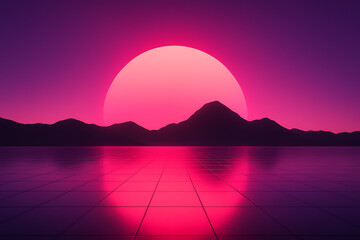 Obraz premium Surreal pink sunset over mountain silhouette with glowing reflection on futuristic grid surface