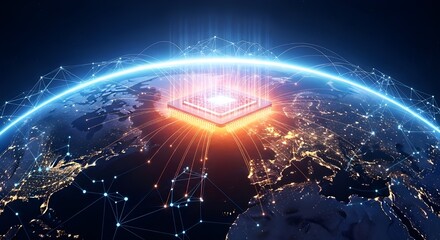 AI Chip Embedded in Earth’s Core with Glowing Global Data Lines – Global AI Control Concept

