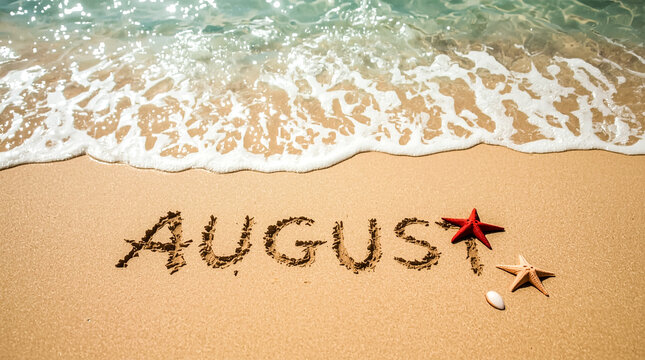 The word August is etched into the golden sand of a beach Gentle ocean waves lap at the shore with two starfish and a shell nearby