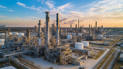 Obraz premium Aerial view of an industrial refinery plant, showcasing modern energy infrastructure and technological progress