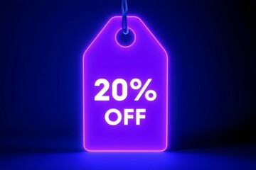 Neon illuminated discount tag with twenty percent off in purple and blue
