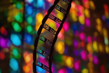 Colorful background and DNA strand combine to illustrate data processing and genetic research, dna strand over data processing on colourful background