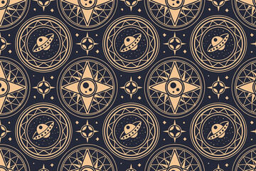 Seamless Space Pattern with UFOs, Pyramids, Stars, Planets, and Geometric Symbols, Mystical Cosmic Vector Background for Fabric and Wallpaper