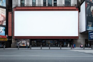 Urban billboard with clean white screen on building wall in Times Square road New York City, blank mockup for advertising in commercial downtown location