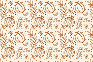 Seamless Autumn Pattern with Pumpkins, Leaves, Acorns, and Flowers, Hand Drawn Fall Harvest Vector Background for Thanksgiving Fabric and Paper