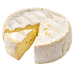 Whole camembert cheese with a slice cut out isolated on transparent background