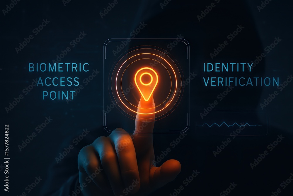 Poster an anonymous figure utilizes cutting-edge technology to activate a secure access point. highlighting