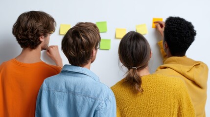 A diverse group of young adults using sticky notes to create a flowchart on a white wall invisible content, isolated. Process mapping, planning.